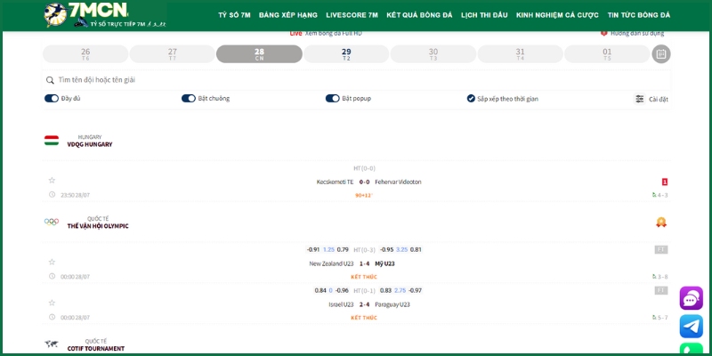 Giao diện của Livescore 7MCN